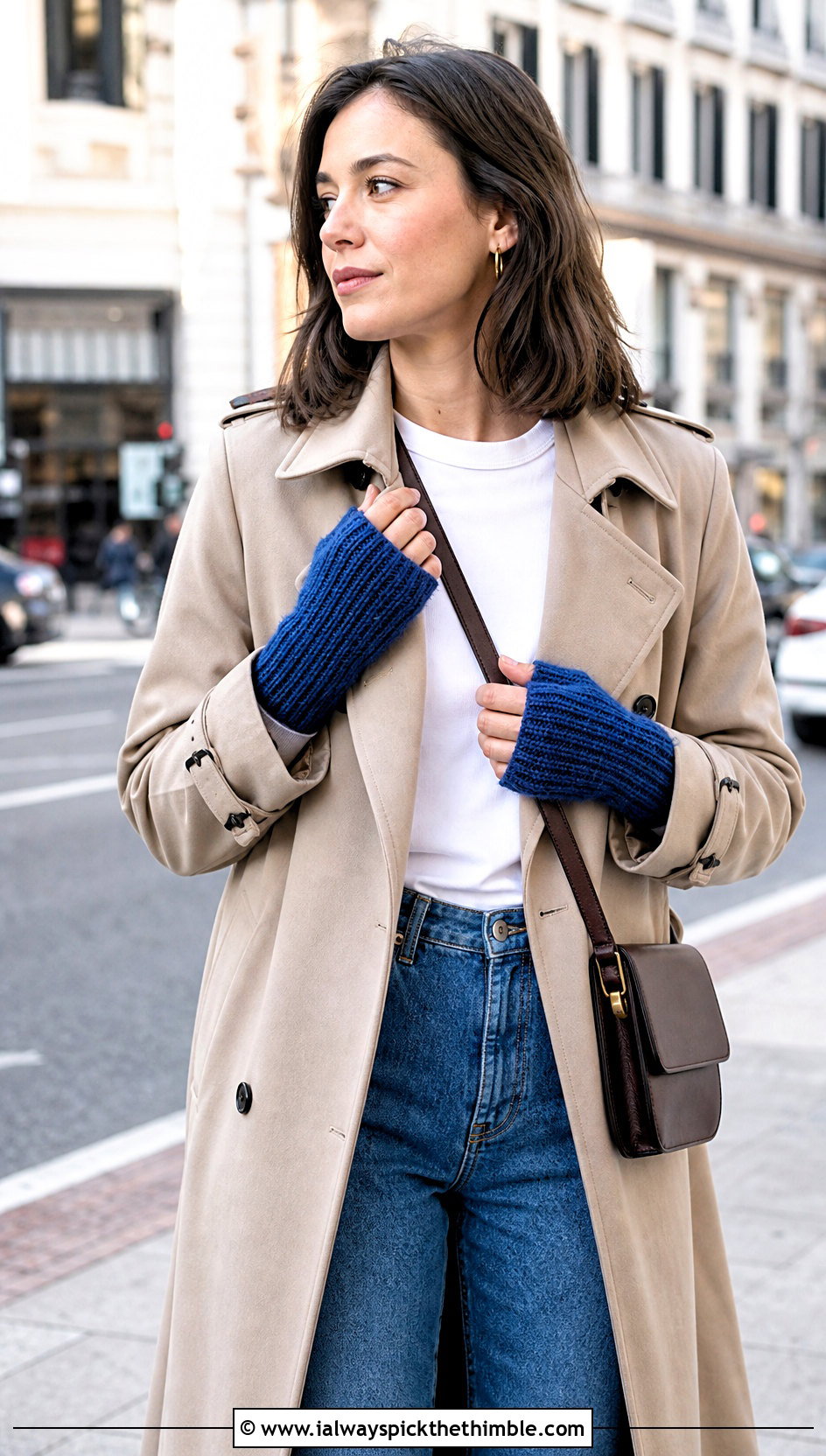 Ribbed Crochet Fingerless Mitts With Trench Coat And Jeans - 20 Crochet Fingerless Mitts outfit ideas