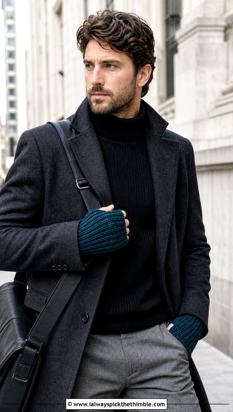 Ribbed Crochet Fingerless Mitts With Wool Overcoat - 25 men crochet gloves outfit ideas