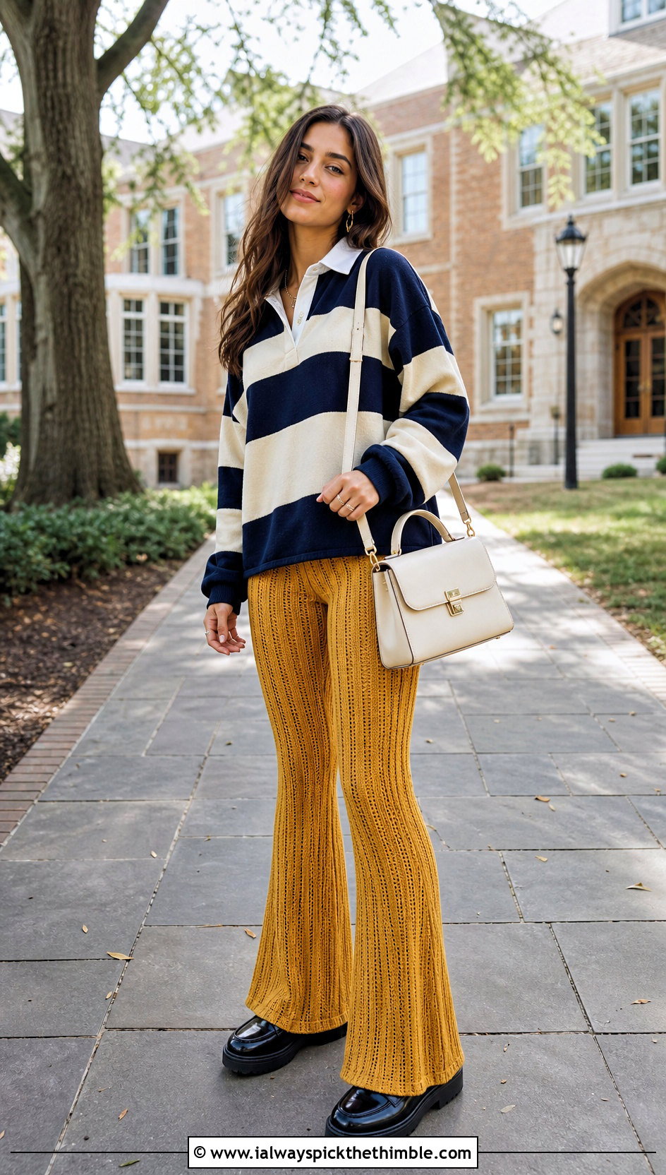 Ribbed Crochet Flare Pants With Rugby Shirt - 20 flare crochet pants outfit ideas