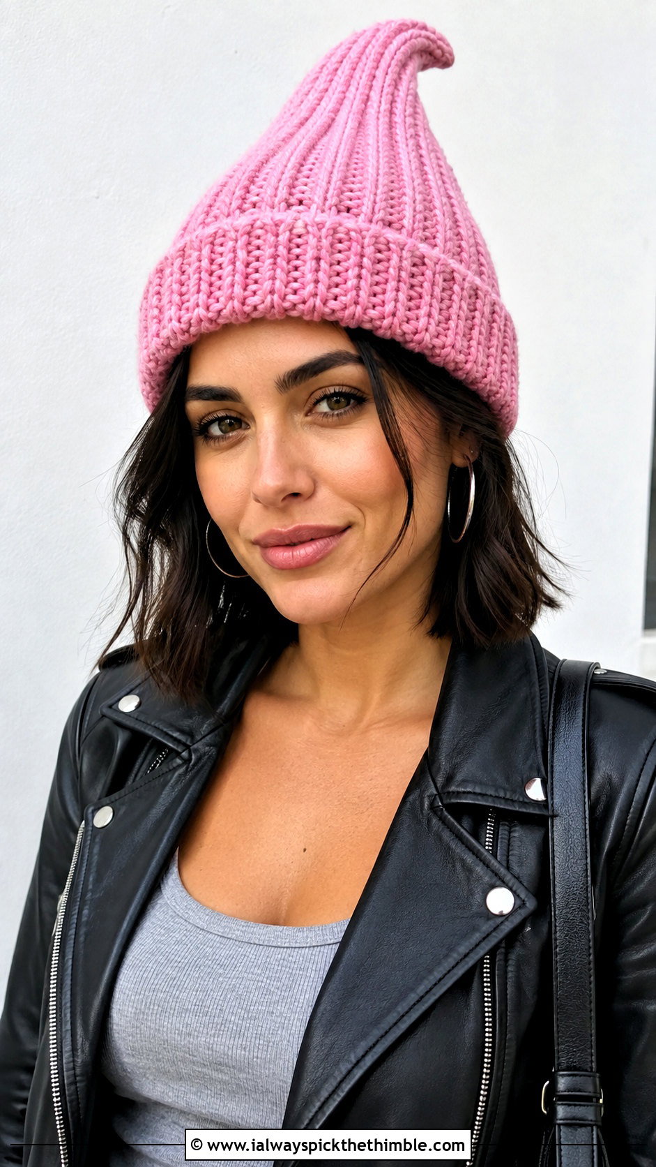 Ribbed Crochet Gnome Hat With Leather Jacket - 15 Adult Crochet Gnome Hat outfit ideas