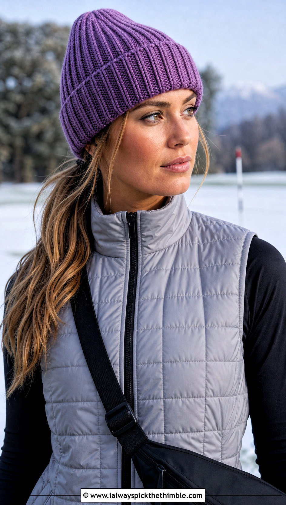 Ribbed Crochet Golf Beanie With Quilted Vest And Leggings - 20 crochet golf hat outfit ideas