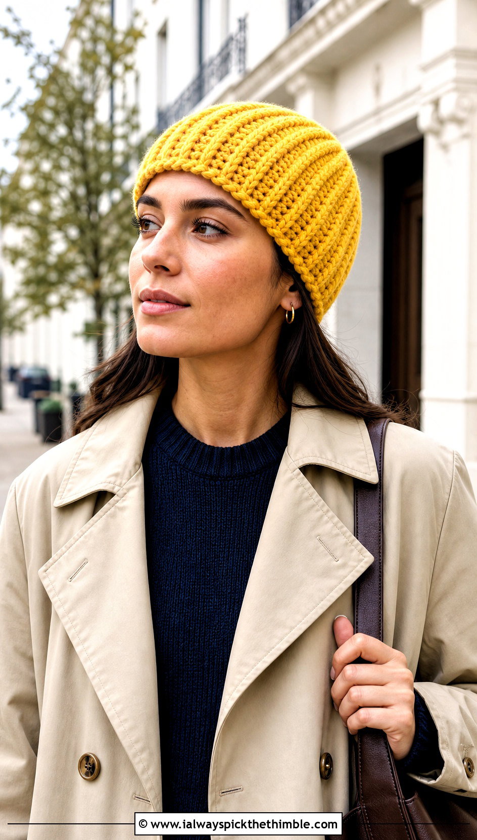 Ribbed Crochet Hair Cap With Sweater And Trench Coat - 15 crochet hair cap outfit ideas