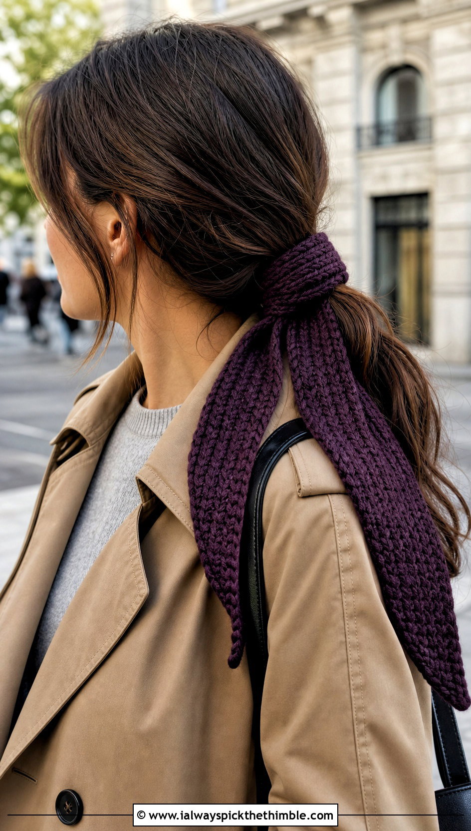 Ribbed Crochet Hair Tie Scarf With Trench Coat - 20 crochet hair tie scarf outfit ideas