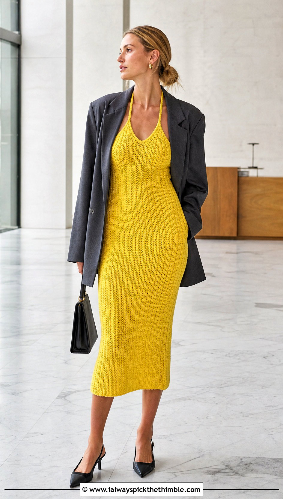 Ribbed Crochet Halter Midi Dress With Blazer - 25 crochet halter dress outfit ideas