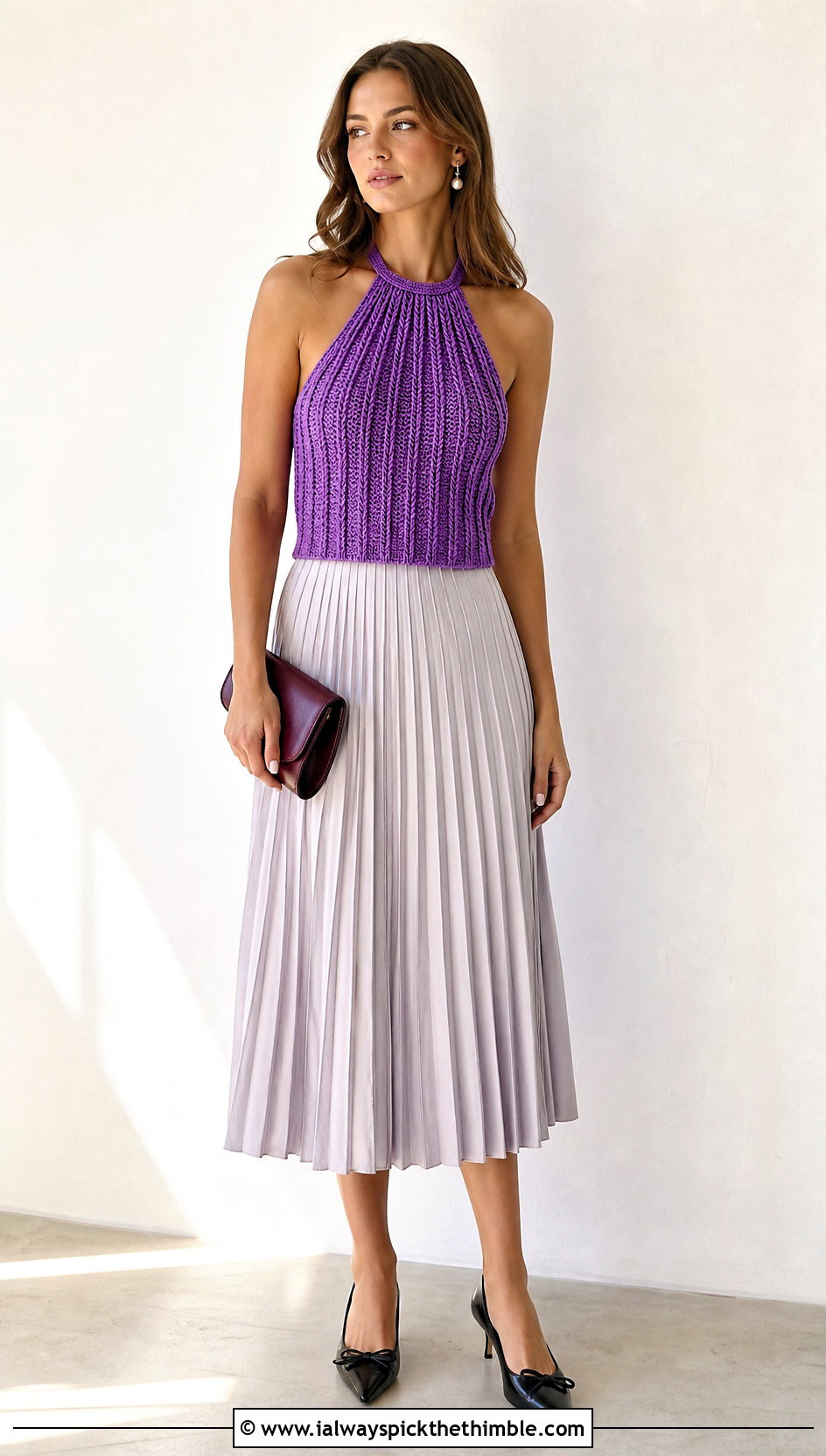 Ribbed Crochet Halter Top With Pleated Midi Skirt - 20 alexandra saint mleux crochet top outfit ideas