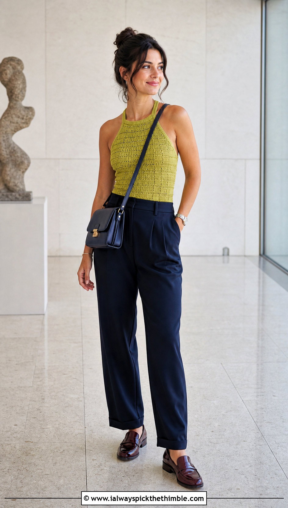 Ribbed Crochet Halter Top With Pleated Trousers - 25 crochet halter top outfit ideas