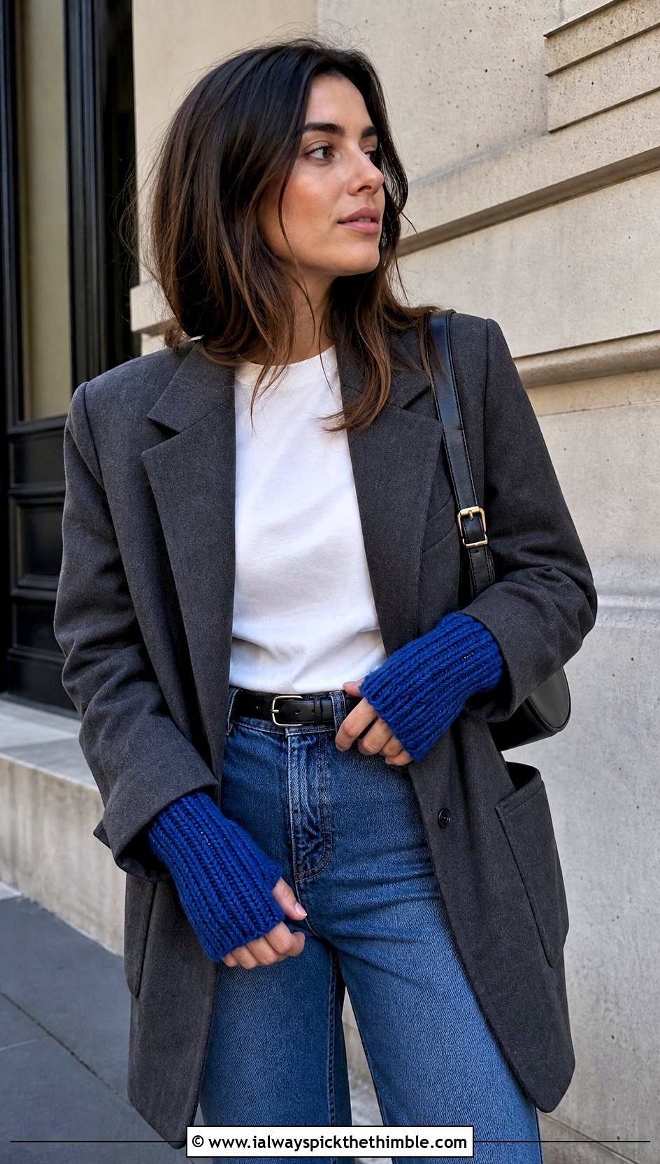 Ribbed Crochet Handwarmers With Blazer And Jeans - 25 crochet handwarmers outfit ideas