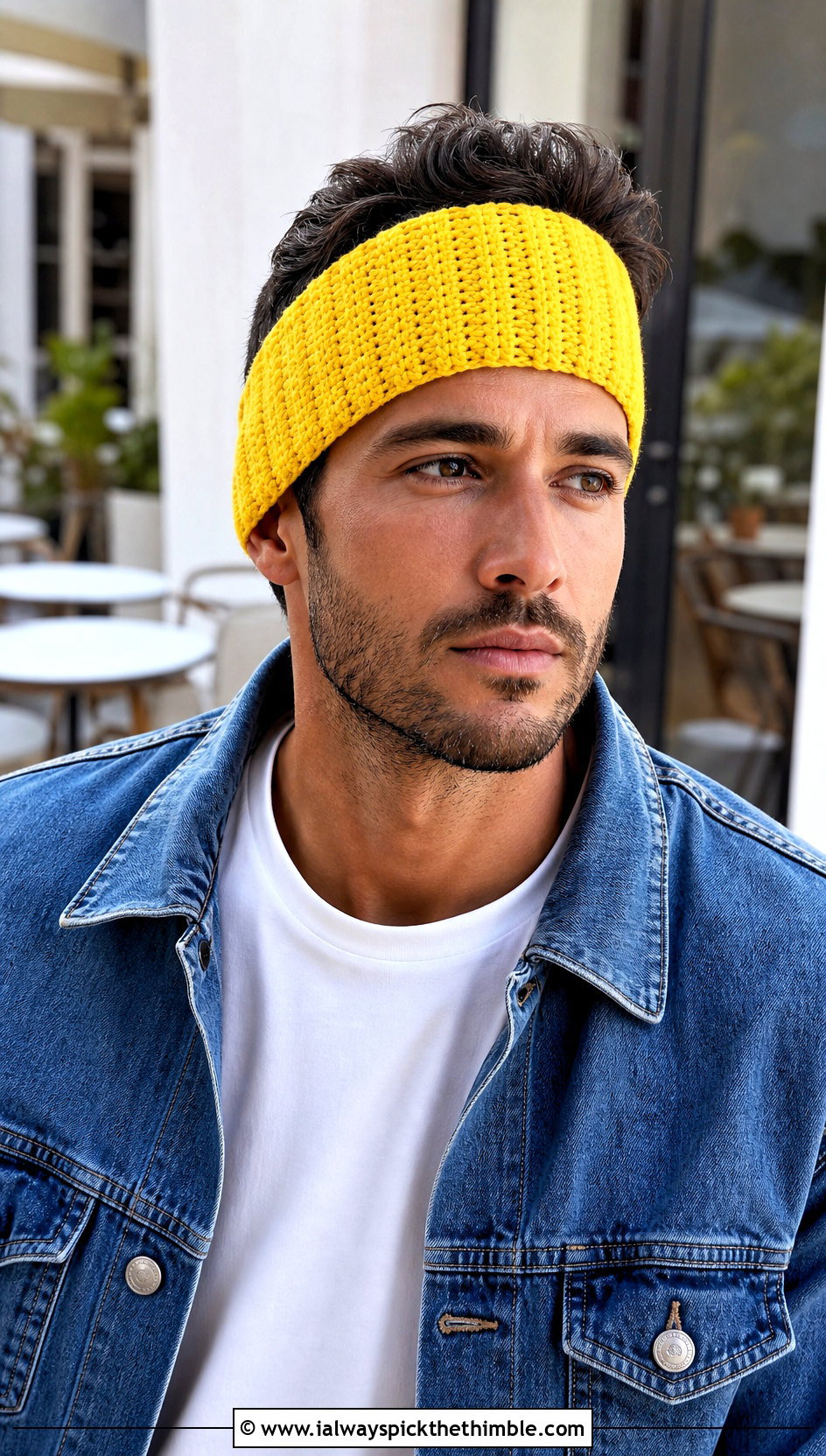 Ribbed Crochet Headband With Denim Jacket - 20 men's crochet headband outfit ideas