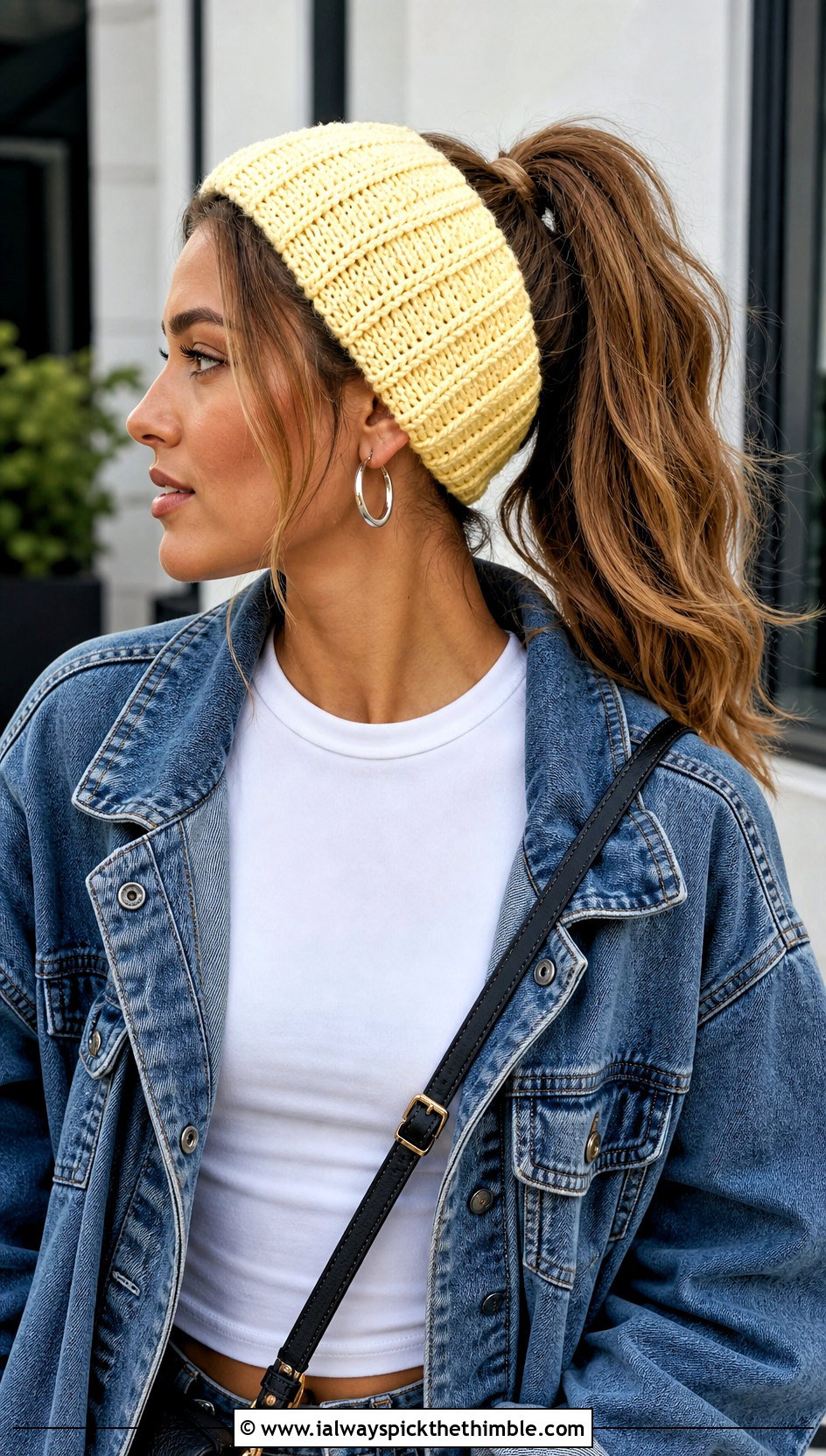 Ribbed Crochet Headband With Hair Tie And Denim Jacket - 25 crochet headband with hair tie outfit ideas