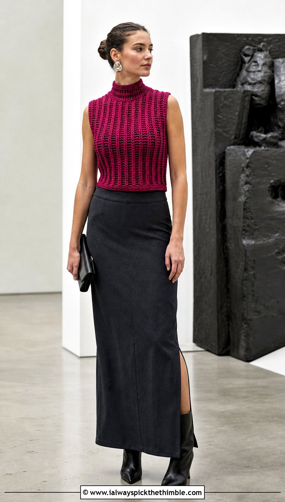 Ribbed Crochet High Neck Top With Tailored Maxi Skirt - 20 ribs crochet top outfit ideas