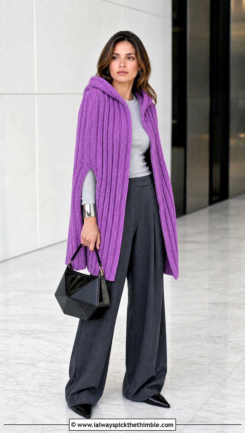 Ribbed Crochet Hooded Cape With Wide Leg Pants - 25 crochet hooded cape outfit ideas