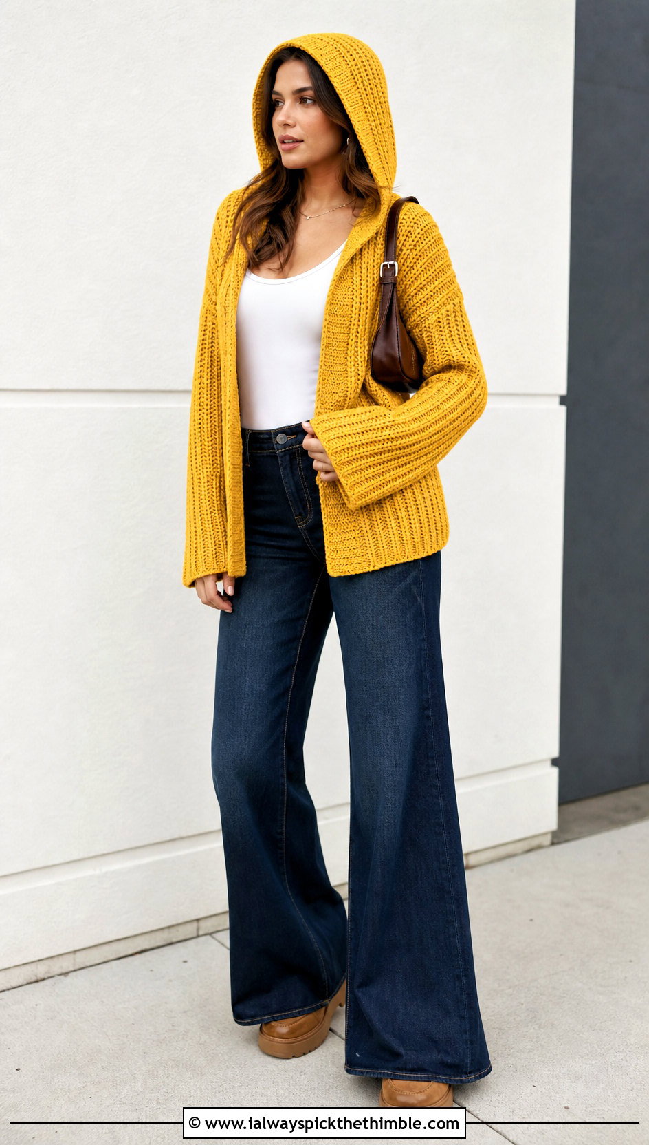 Ribbed Crochet Hooded Cardigan With Wide Leg Jeans - 25 crochet hooded cardigan outfit ideas