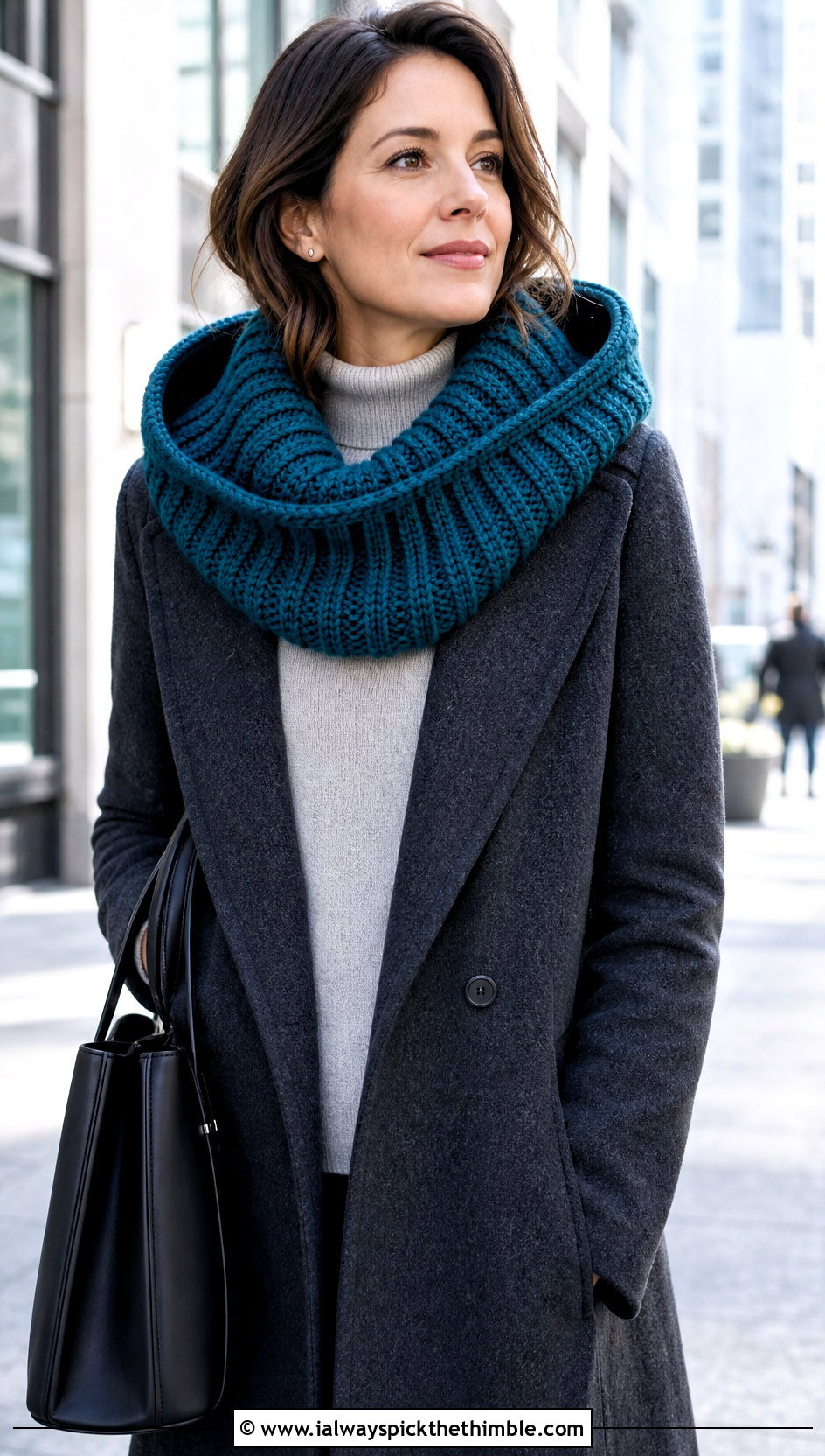 Ribbed Crochet Hooded Cowl With Wool Coat - 20 crochet hood hat outfit ideas