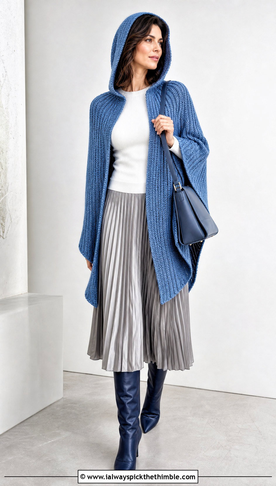 Ribbed Crochet Hooded Poncho With Pleated Midi Skirt - 25 Crochet Hooded Poncho outfit ideas