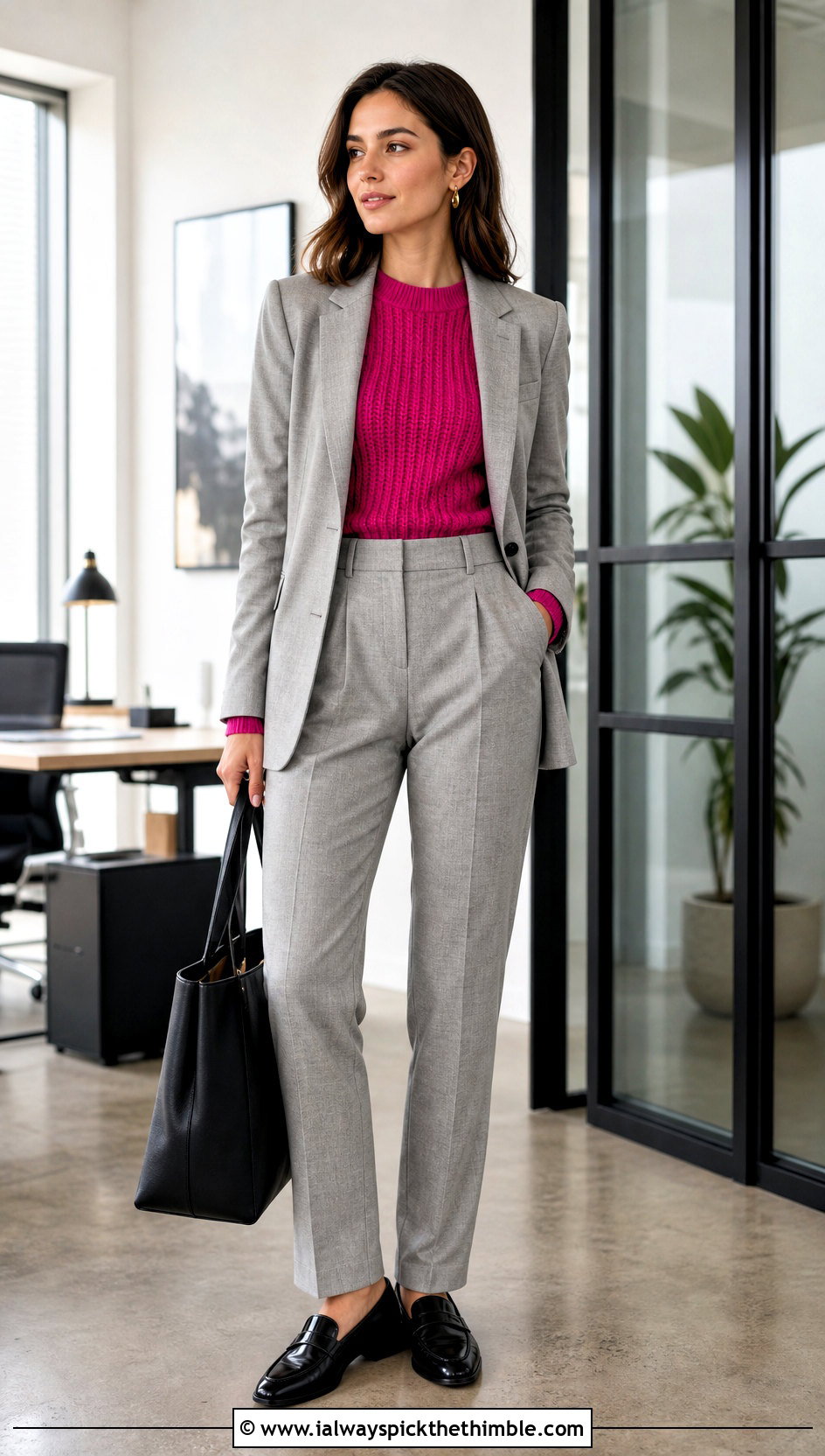 Ribbed Crochet Jumper With Tailored Suit - 25 crochet jumper outfit ideas