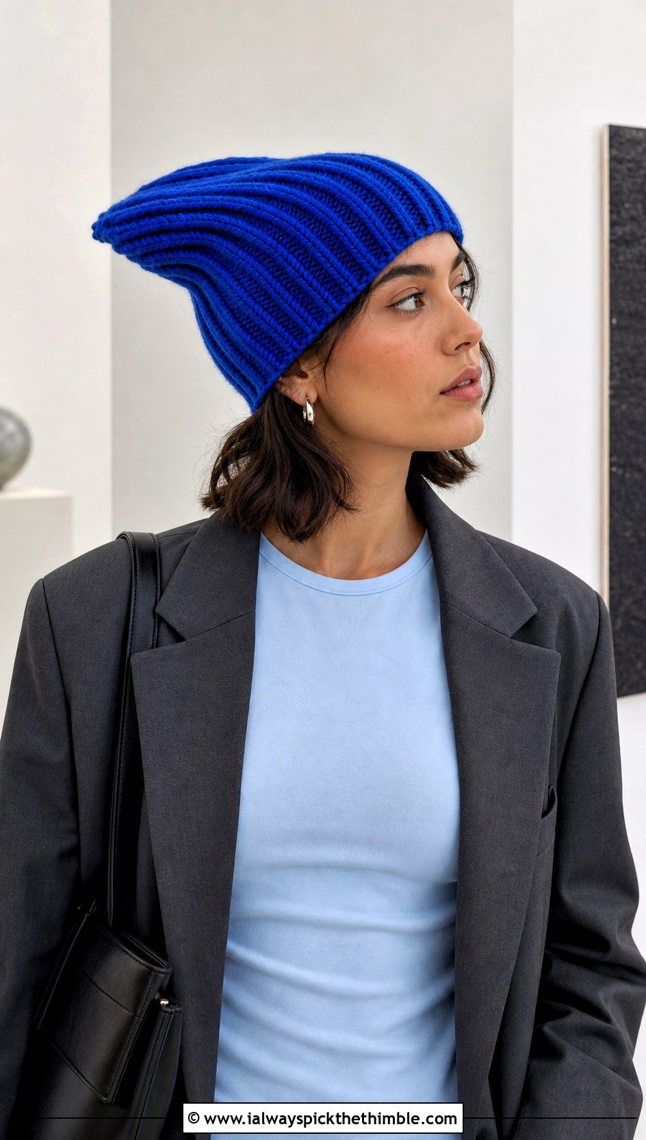 Ribbed Crochet Link Hat With Oversized Blazer - 20 crochet link hat outfit ideas