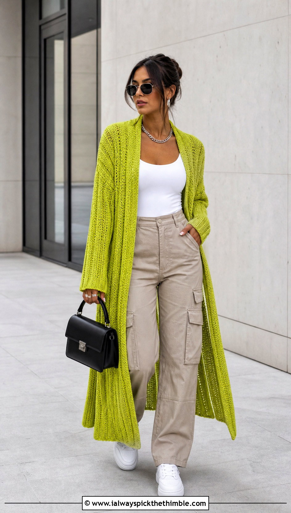 Ribbed Crochet Long Cardigan With Cargo Pants - 20 Easy Crochet Long Cardigan outfit ideas