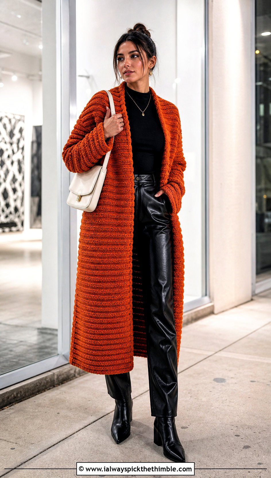 Ribbed Crochet Long Jacket With Leather Pants - 25 crochet long jacket outfit ideas