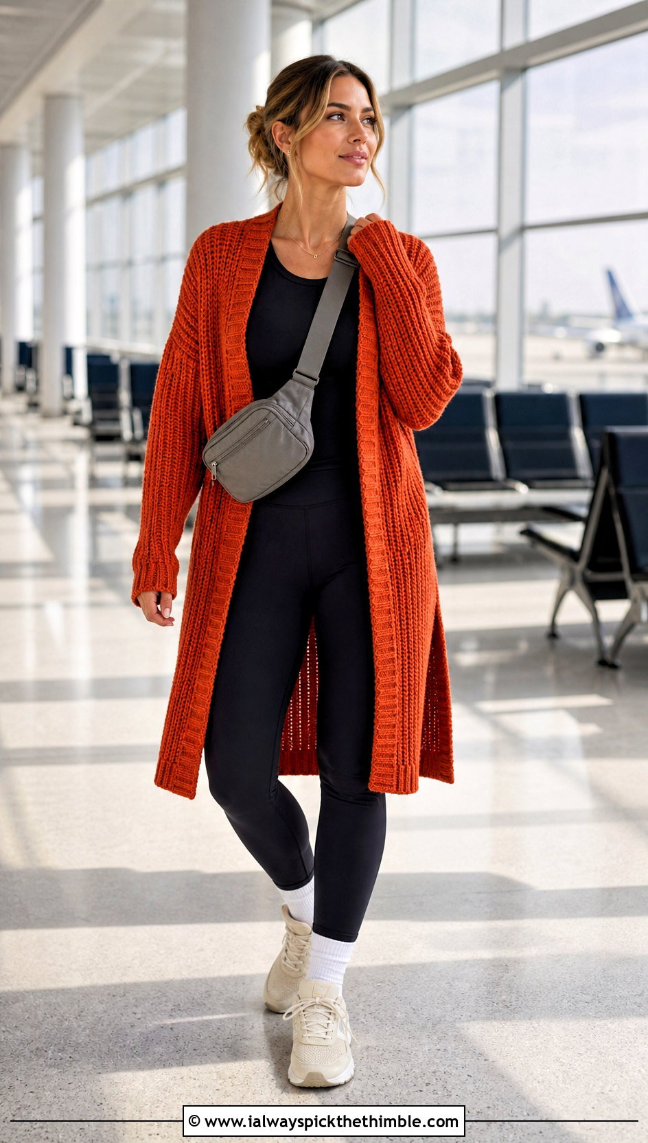 Ribbed Crochet Long Sweater With Leggings And Running Shoes - 25 crochet long sweater outfit ideas