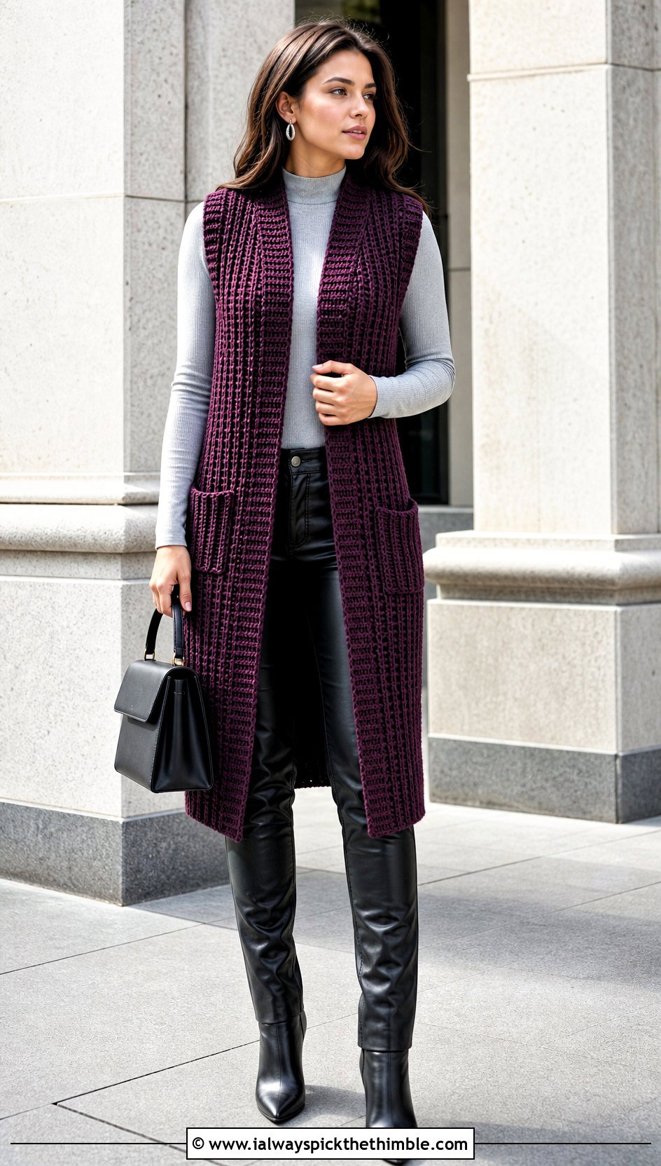 Ribbed Crochet Long Vest With Leather Pants - 25 Crochet Long Vest outfit ideas