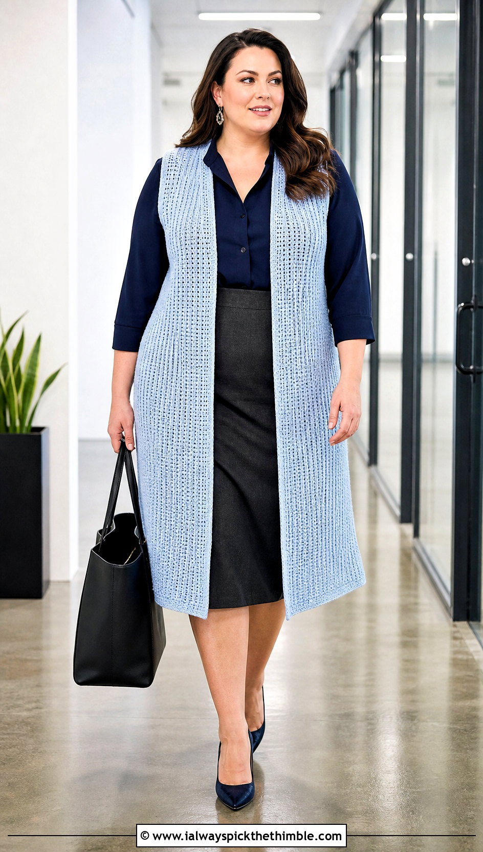 Ribbed Crochet Long Vest With Pencil Skirt - 20 Easy Crochet Long Vest outfit ideas