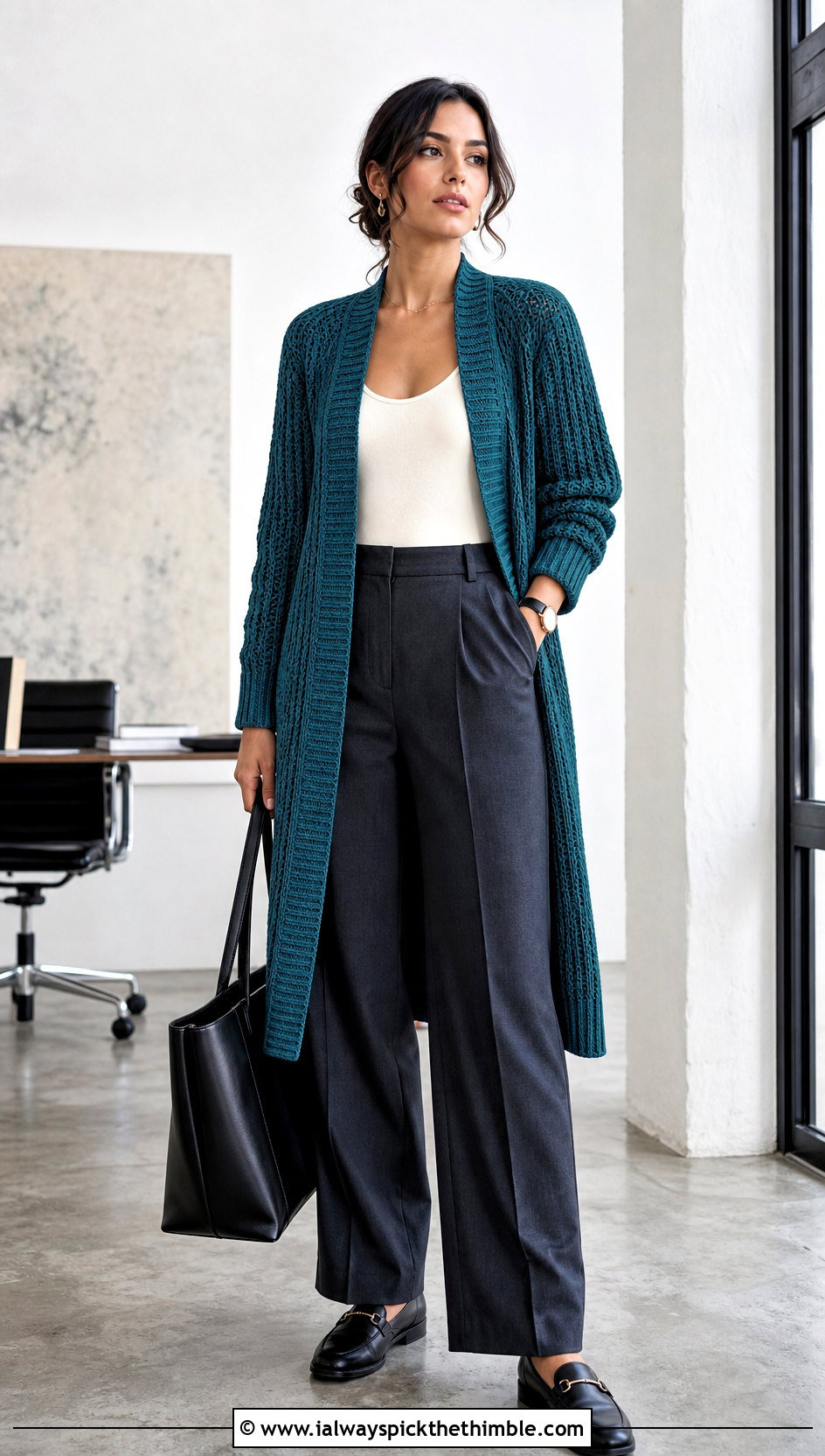 Ribbed Crochet Longline Cardigan With Tailored Trousers - 20 Crochet Longline Cardigan outfit ideas