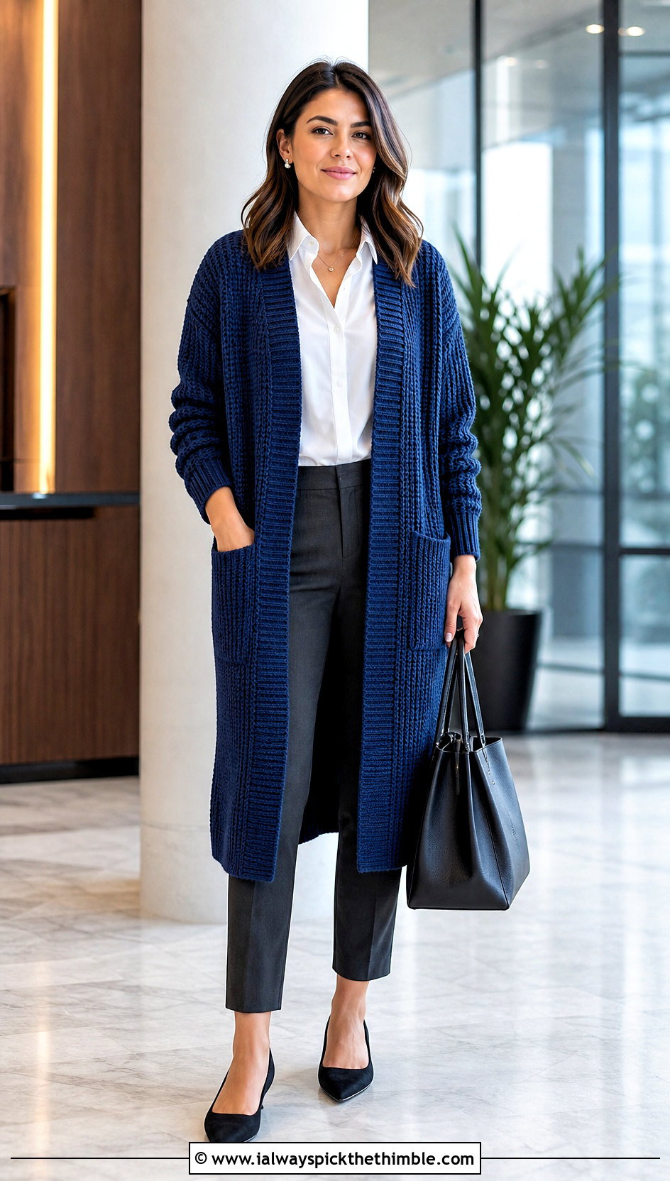 Ribbed Crochet Longline Cardigan With Work Trousers - 15 crochet long cardigan with pockets outfit ideas