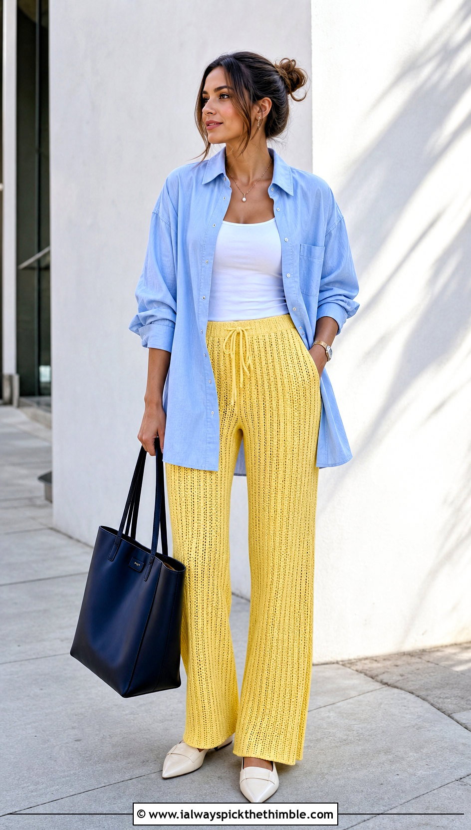 Ribbed Crochet Lounge Pants With Oversized Button Down - 20 crochet lounge pants outfit ideas