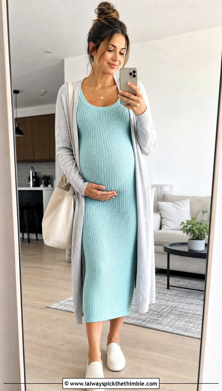 Ribbed Crochet Maternity Midi Dress With Long Cardigan - 15 maternity crochet dress outfit ideas