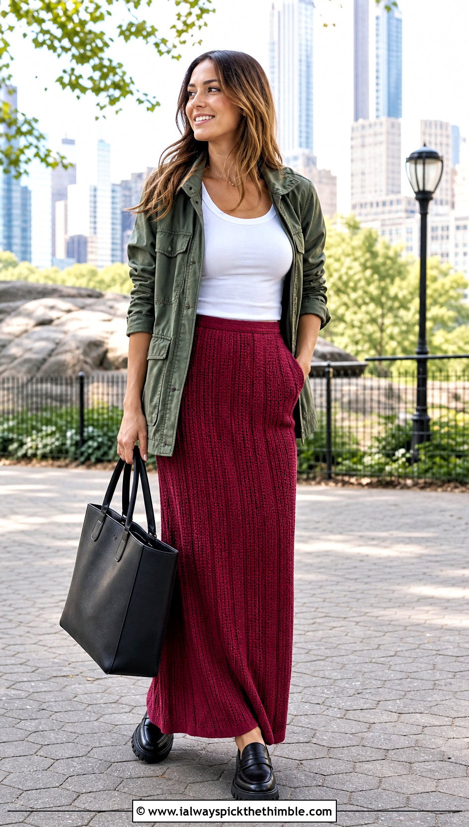 Ribbed Crochet Maxi Skirt With Utility Jacket - 25 long crochet skirt outfit ideas