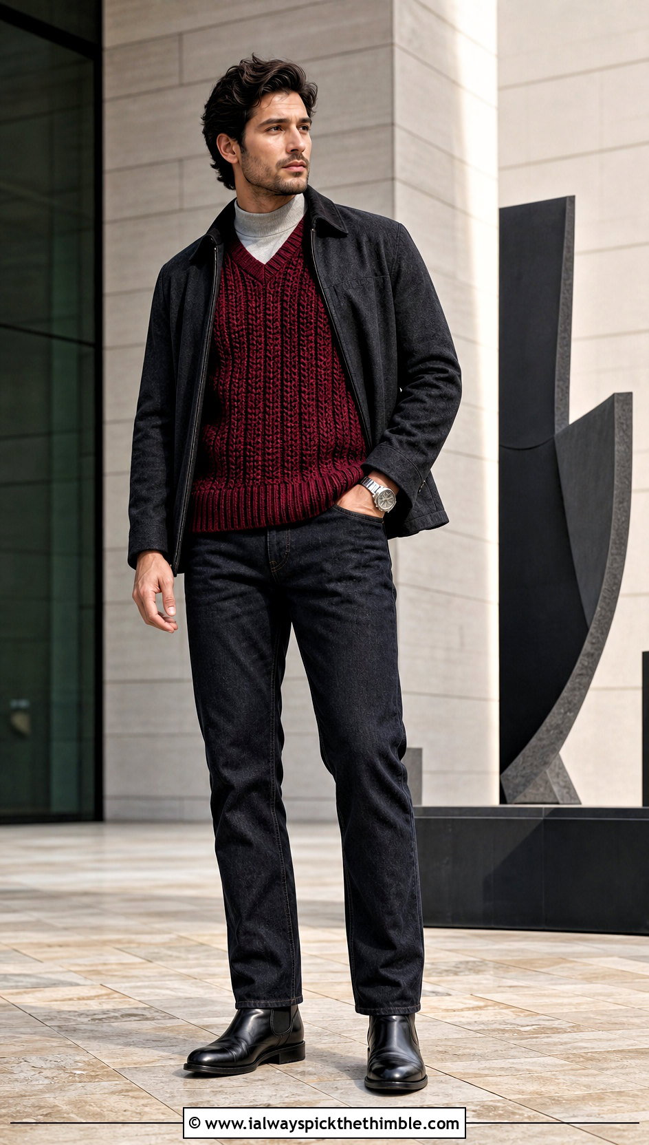 Ribbed Crochet Mens Sweater Vest With Mock Neck And Dark Jeans - 20 crochet mens sweater vest outfit ideas
