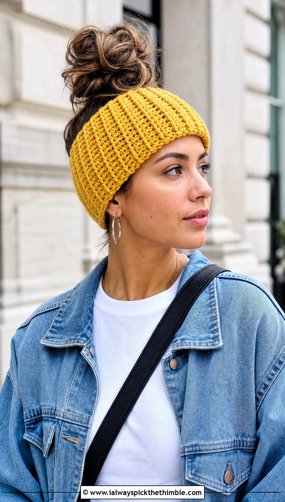 Ribbed Crochet Messy Bun Ear Warmer With Denim Jacket - 20 Crochet Messy Bun Ear Warmer outfit ideas