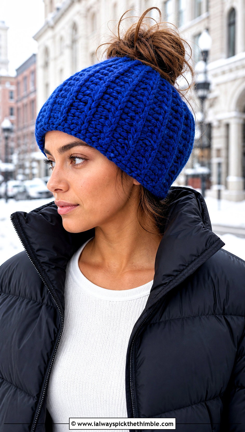 Ribbed Crochet Messy Bun Hat With Puffer Jacket - 20 Crochet Messy Bun Hat Bulky Yarn outfit ideas