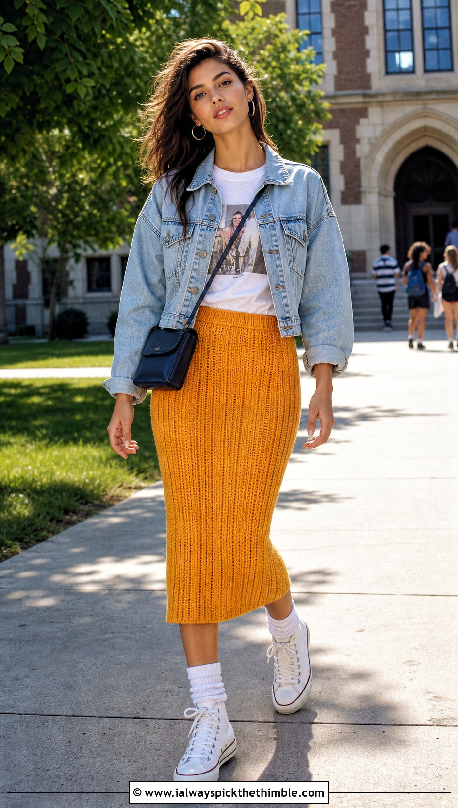 Ribbed Crochet Midi Skirt With Graphic Tee - 20 Crochet 80S Clothes and outfit ideas