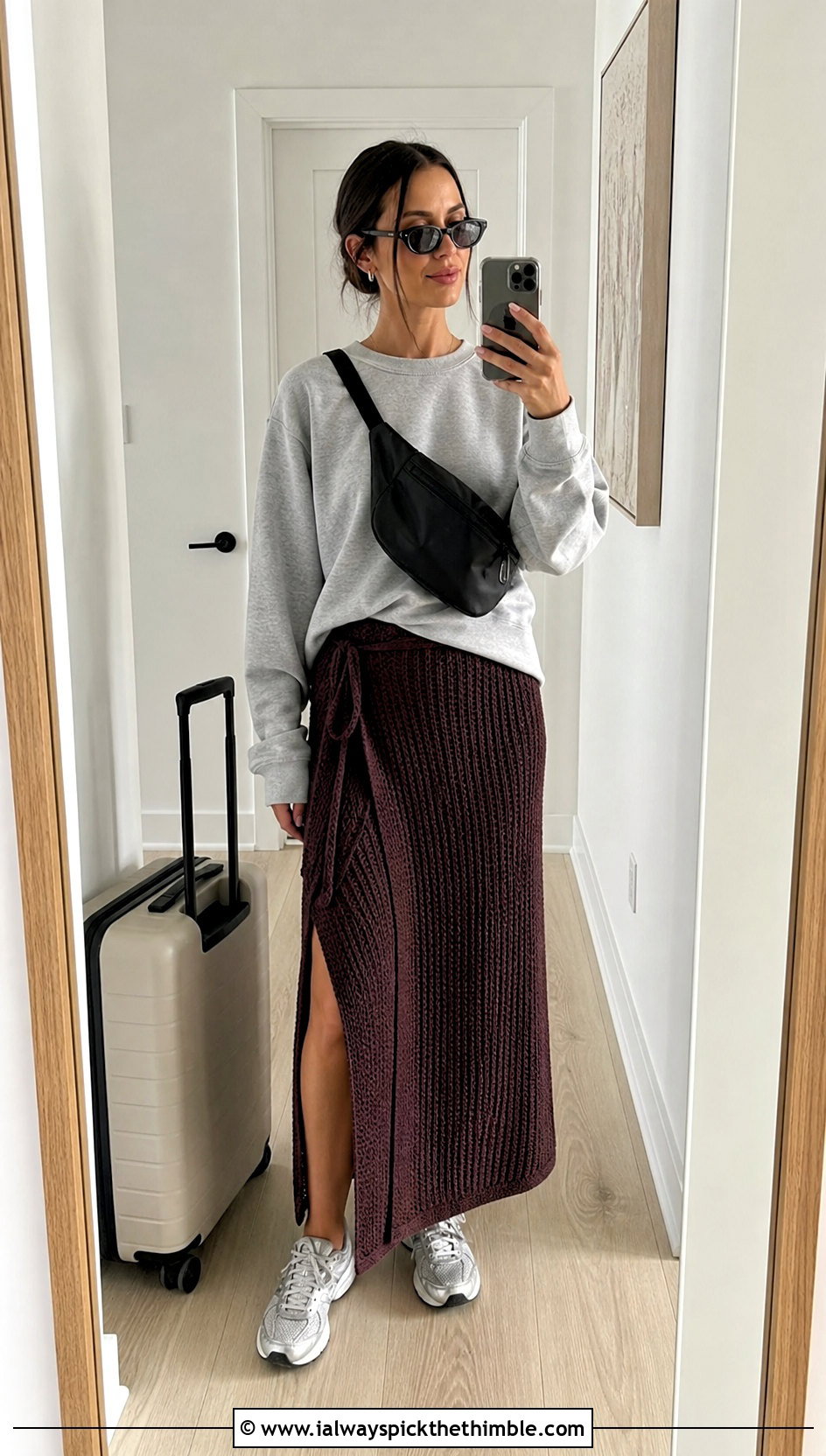 Ribbed Crochet Midi Wrap Skirt With Crewneck Sweatshirt - 20 crochet wrap around skirt outfit ideas