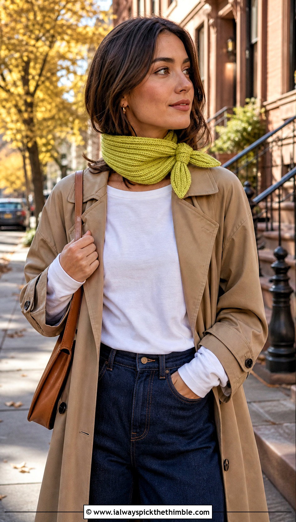 Ribbed Crochet Mini Scarf With Trench Coat And Wide Leg Jeans - 25 crochet mini scarf outfit ideas