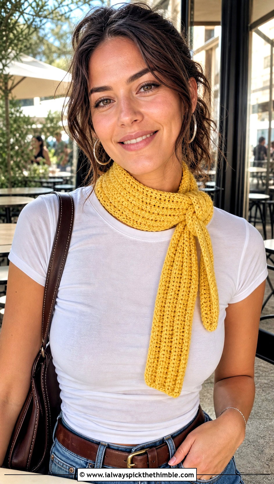 Ribbed Crochet Mini Scarf With White T Shirt And Jeans - 15 Small Neck Crochet Scarf outfit ideas