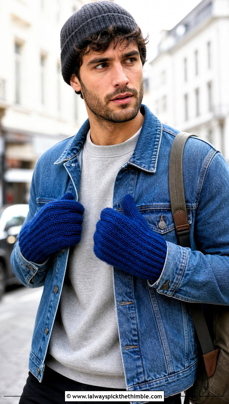 Ribbed Crochet Mittens With Denim Jacket - 20 Mens Crochet Mittens outfit ideas