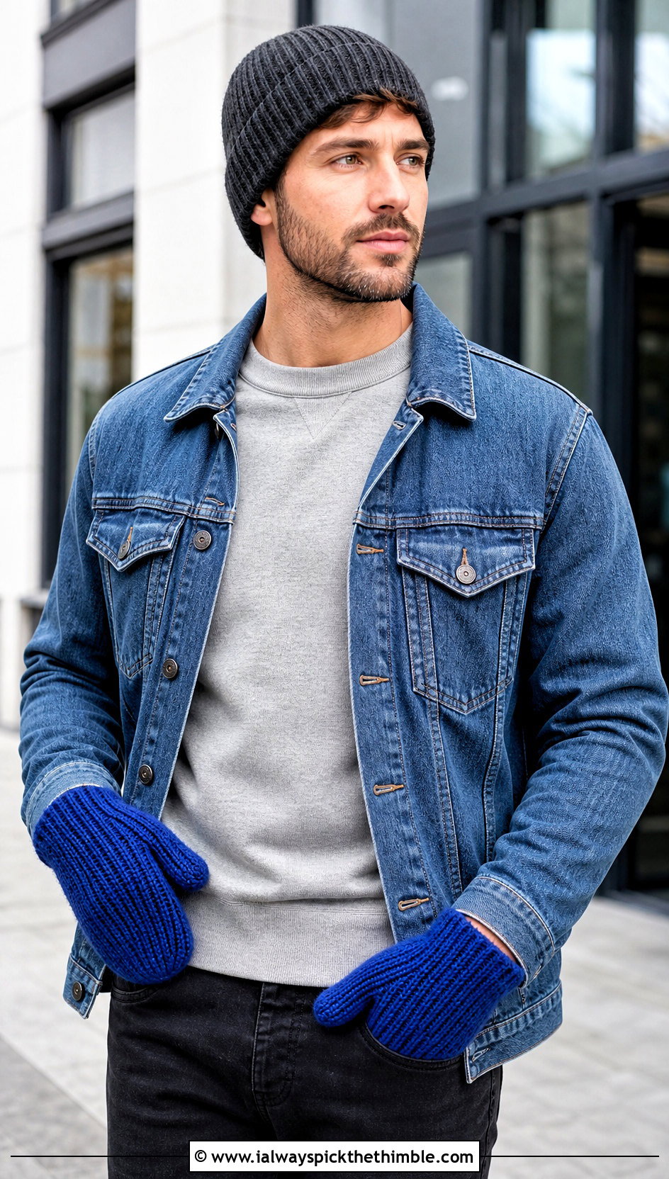 Ribbed Crochet Mittens With Denim Jacket - 20 Crochet Mens Mittens outfit ideas