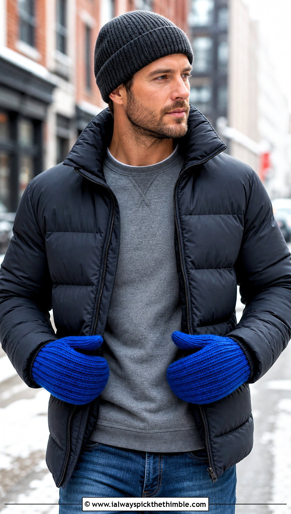 Ribbed Crochet Mittens With Puffer Jacket - 20 crochet mittens for men outfit ideas