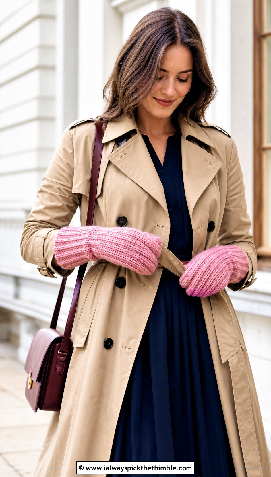 Ribbed Crochet Mittens With Trench Coat And Midi Dress - 25 crochet mittens outfit ideas