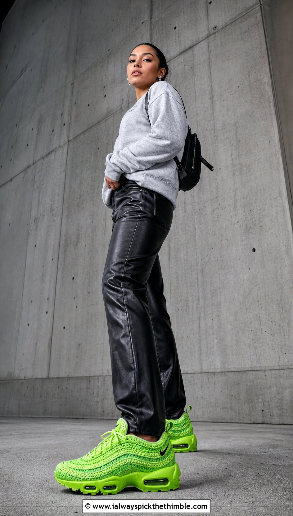 Ribbed Crochet Nike Air Max 95 With Leather Pants - 25 crochet nike shoes outfit ideas
