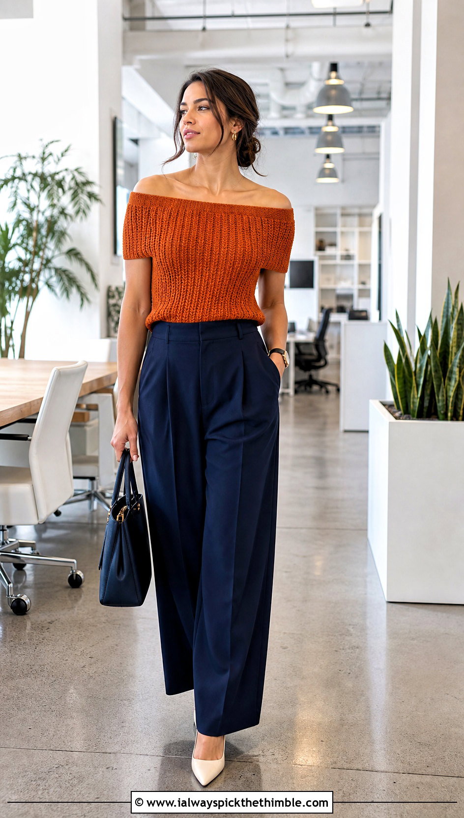 Ribbed Crochet Off The Shoulder Top With Wide Leg Trousers - 25 Crochet Off The Shoulder Top outfit ideas
