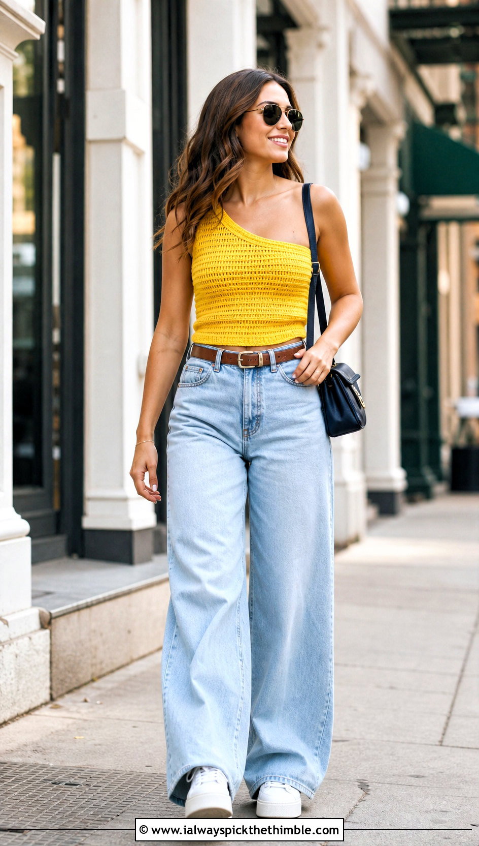 Ribbed Crochet One Strap Top With Wide Leg Jeans - 20 Crochet One Strap Top outfit ideas