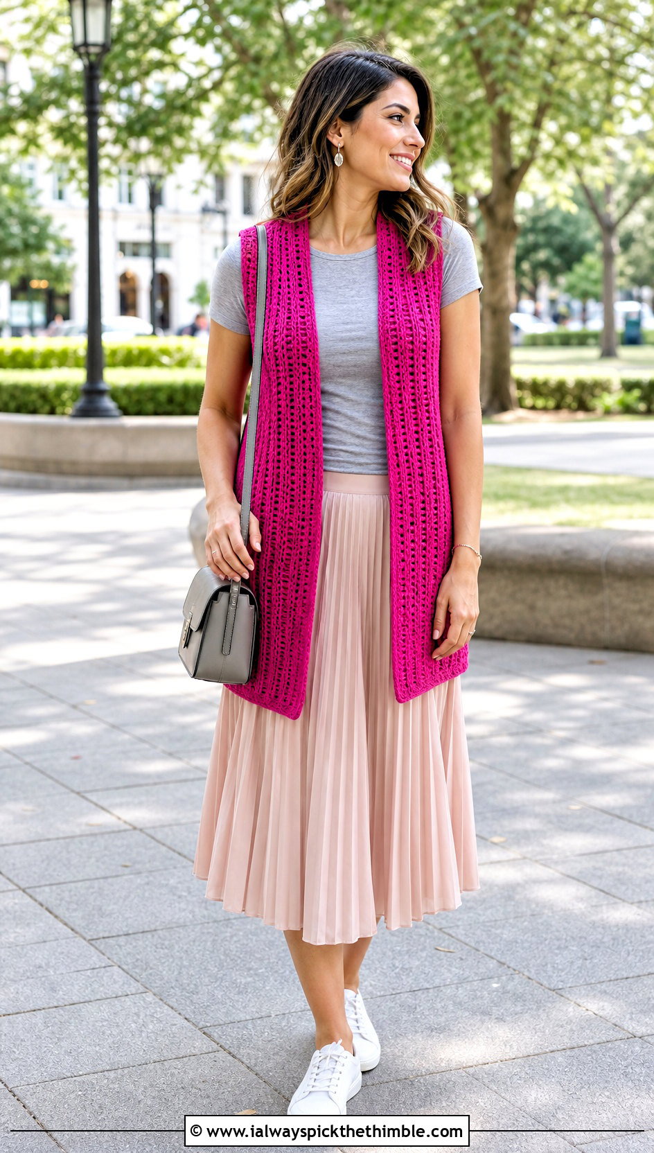 Ribbed Crochet Open Front Vest With Pleated Midi Skirt - 20 crochet open front vest outfit ideas