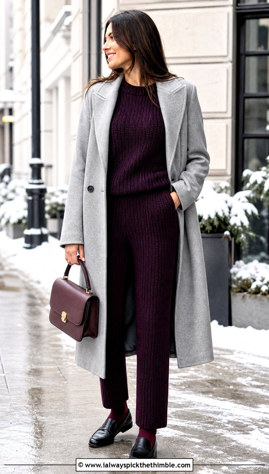 Ribbed Crochet Pajama Set With Long Wool Coat - 25 crochet pajama set outfit ideas