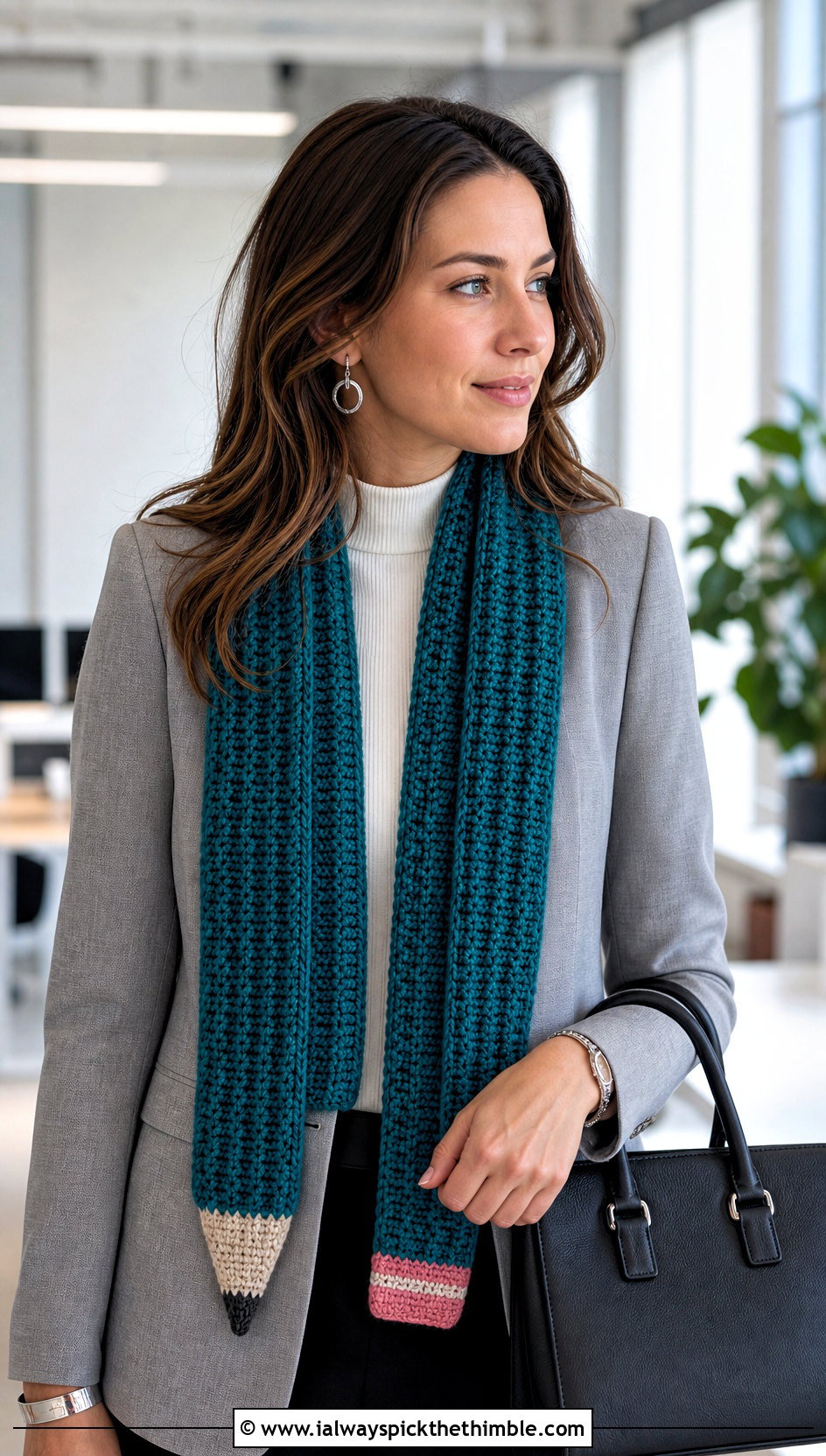 Ribbed Crochet Pencil Scarf With Tailored Blazer - 20 Crochet Pencil Scarf outfit ideas