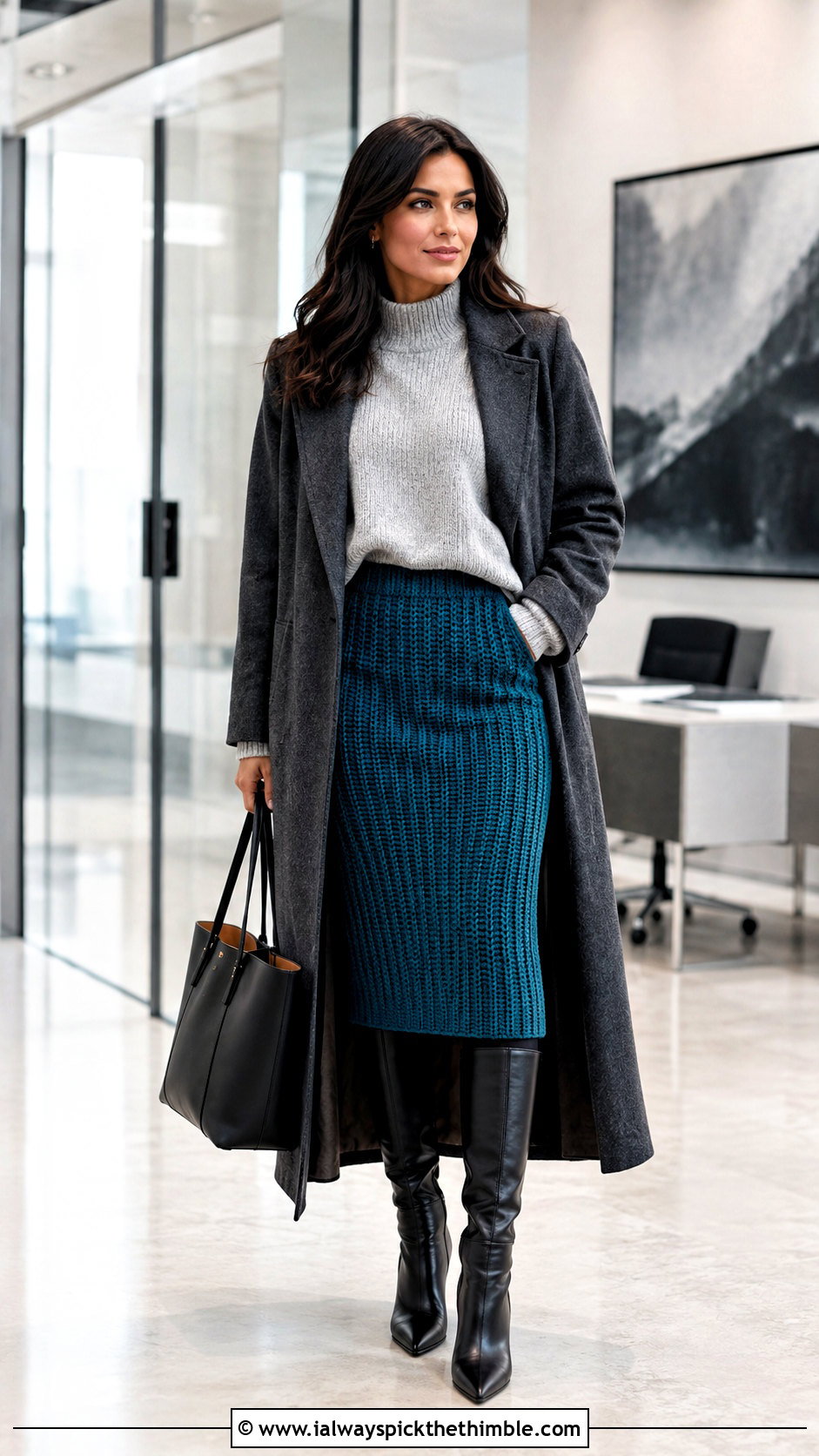 Ribbed Crochet Pencil Skirt With Oversized Sweater - 25 crochet winter skirt outfit ideas