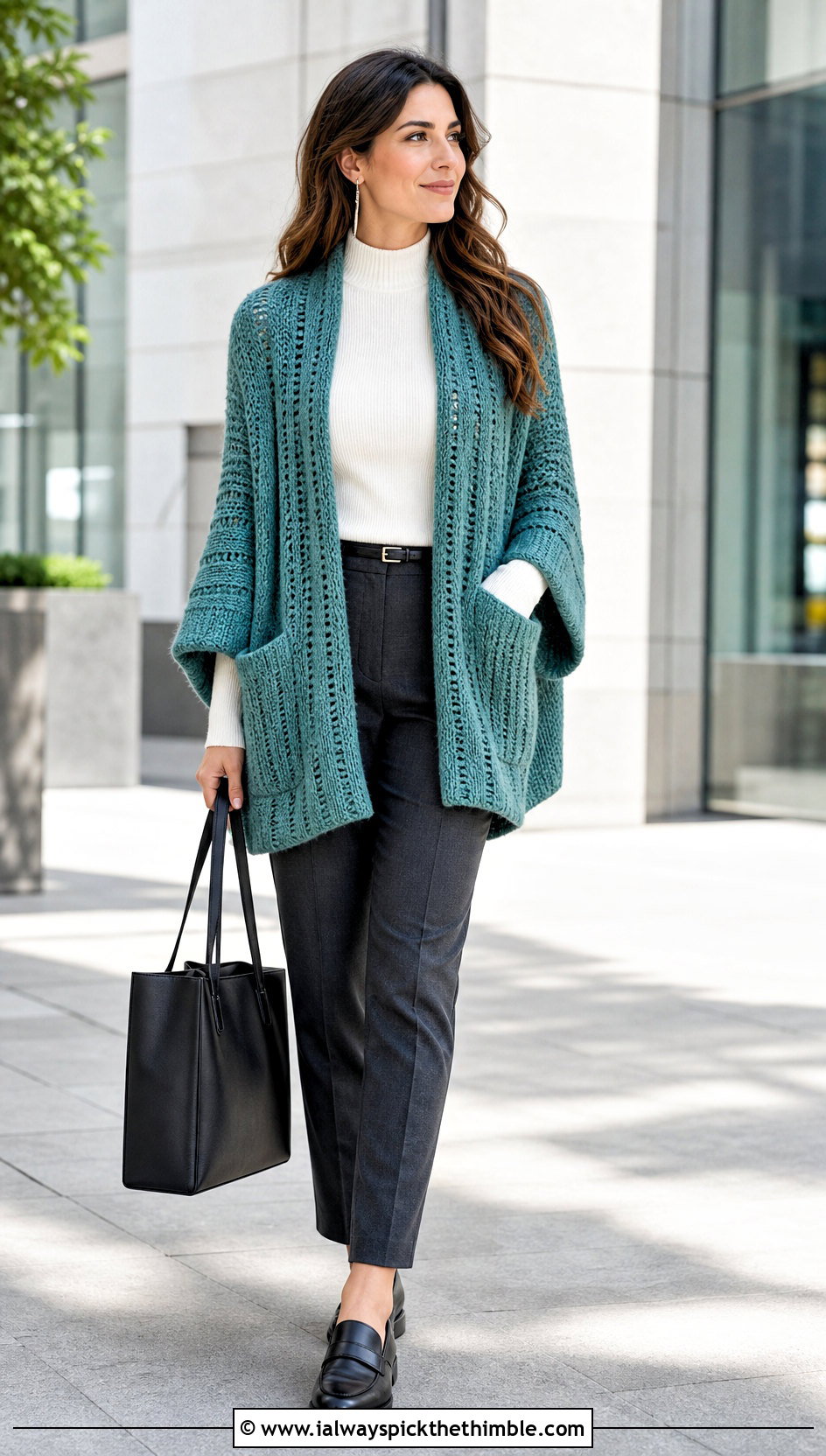 Ribbed Crochet Pocket Shawl With Tailored Trousers - 25 crochet pocket shawl outfit ideas