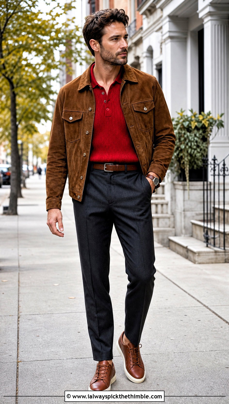 Ribbed Crochet Polo Shirt With A Suede Jacket - 25 crochet mens shirt outfit ideas